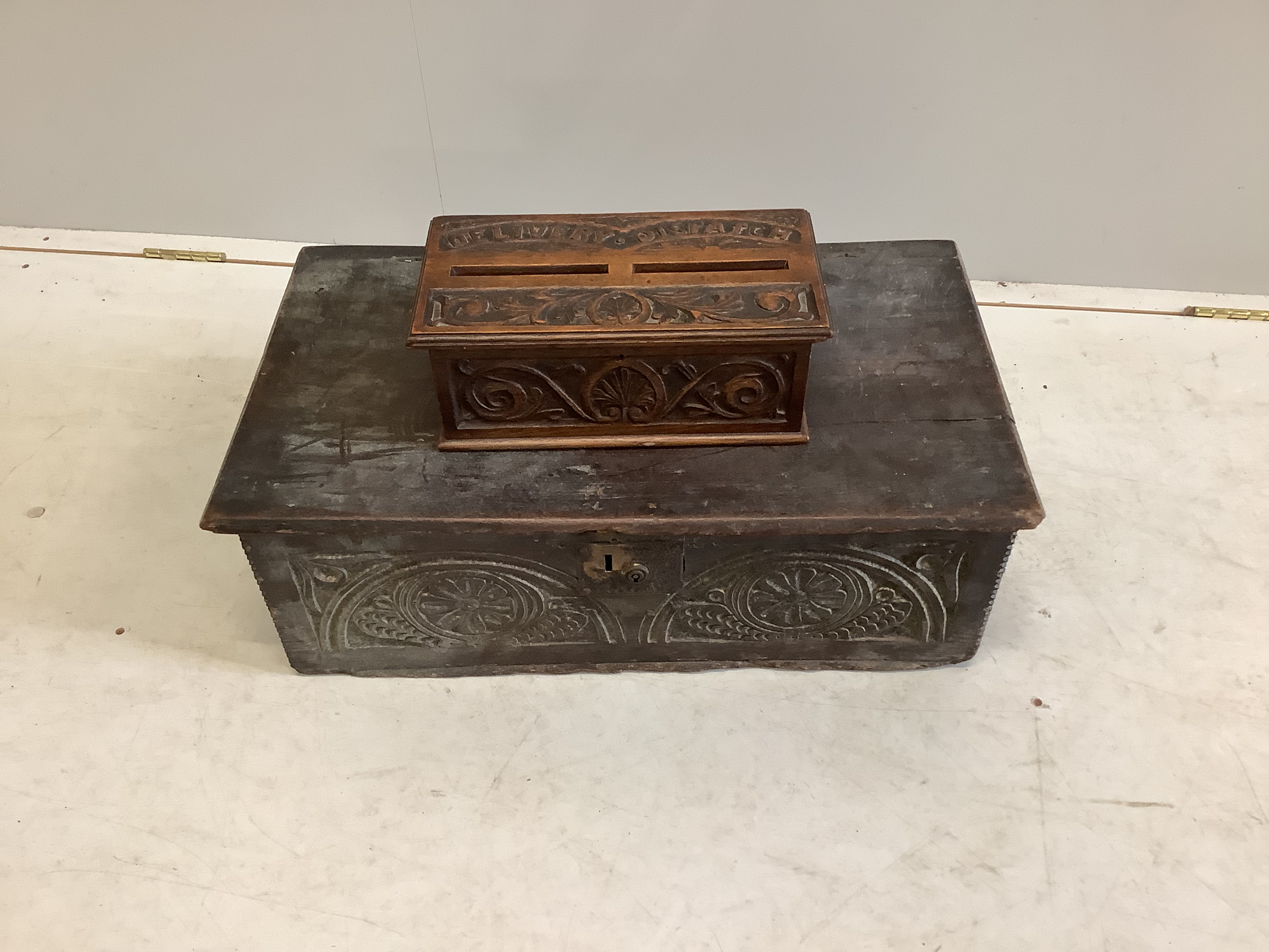 An 18th century oak bible box, width 68cm, depth 39cm, height 22cm, together with a Victorian carved oak internal post box
